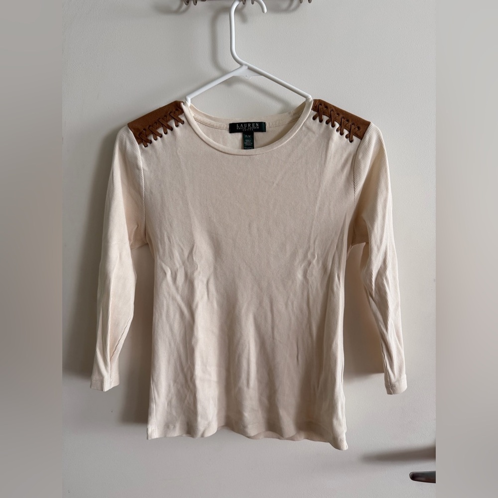 Vintage Ralph Lauren Cream Top with Brown Shoulder Accents